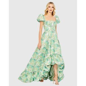 MAC DUGGAL Size 6 Green Floral Brocade 68276 Puff Sleeve High Low Gown Dress New